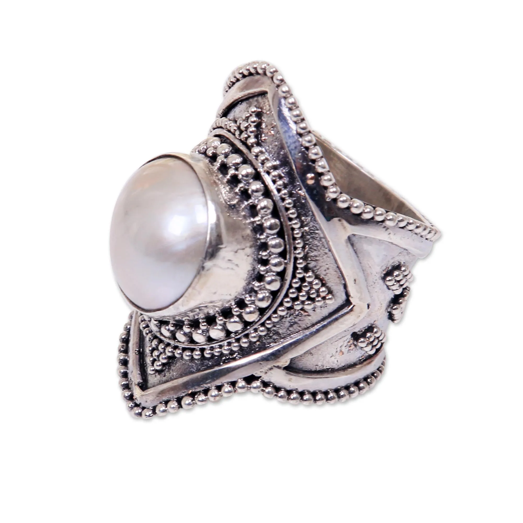 Cultured Mabe Pearl Cocktail Ring from Indonesia - Cotton Flower | NOVICA