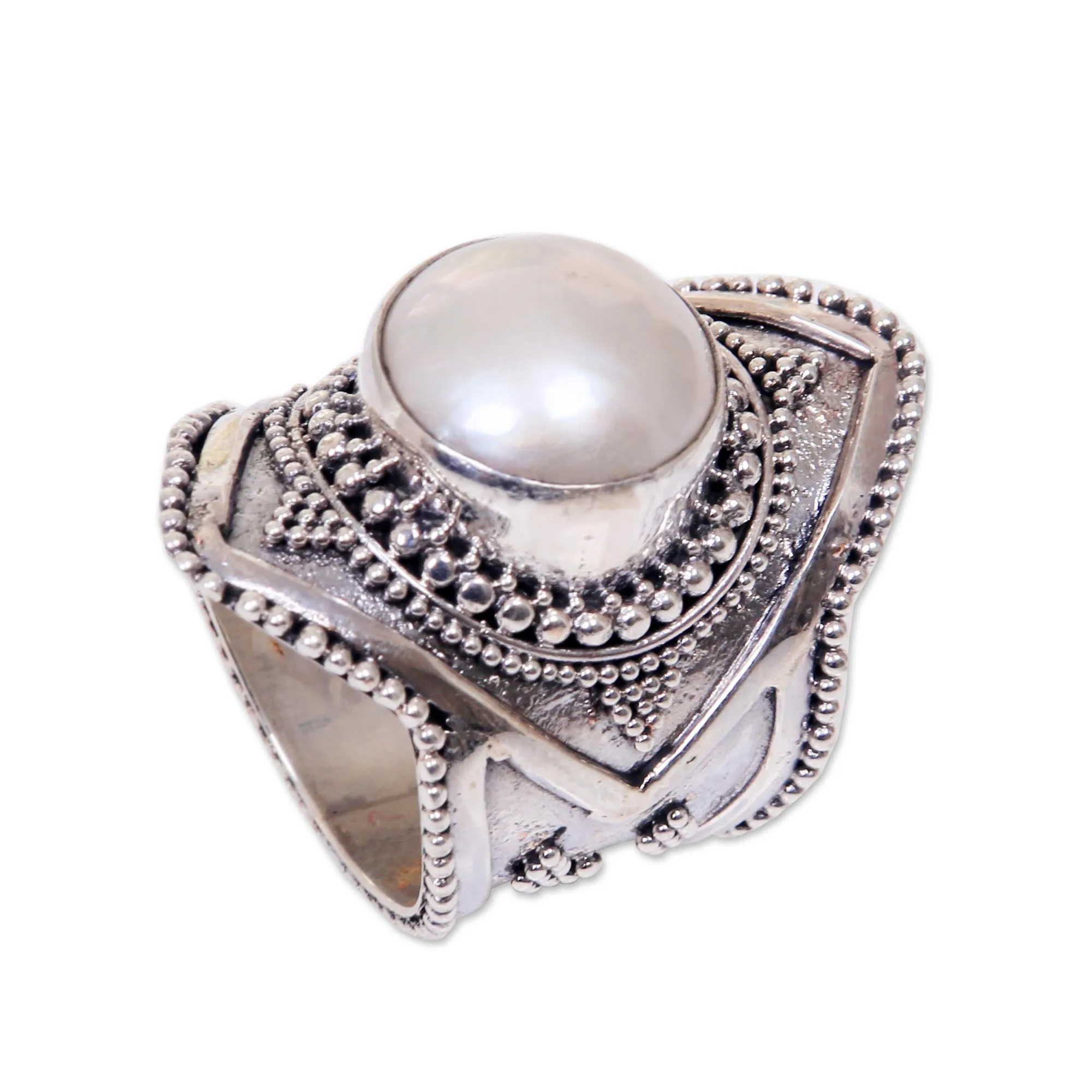 Cultured Mabe Pearl Cocktail Ring from Indonesia - Cotton Flower | NOVICA