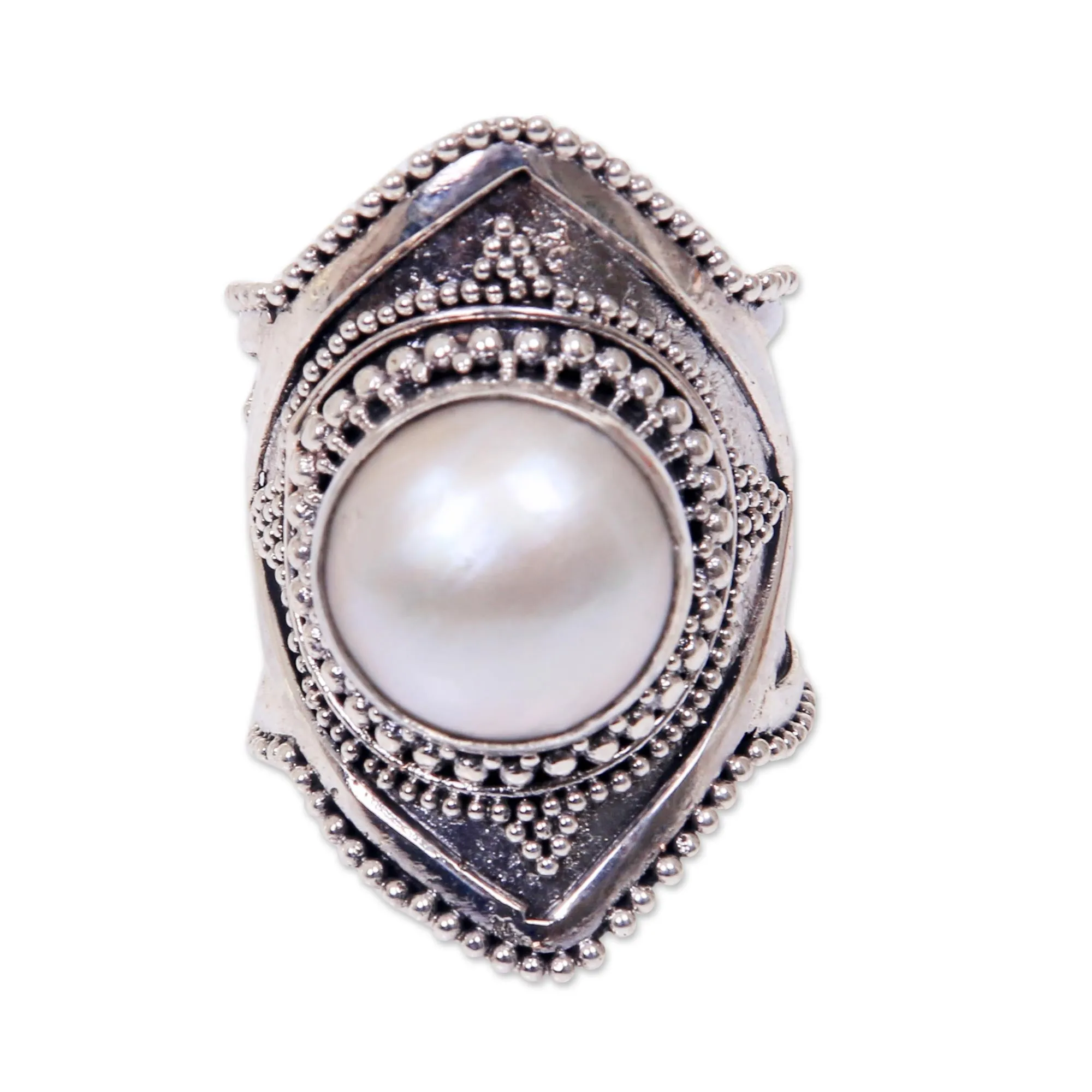 Cultured Mabe Pearl Cocktail Ring from Indonesia - Cotton Flower | NOVICA