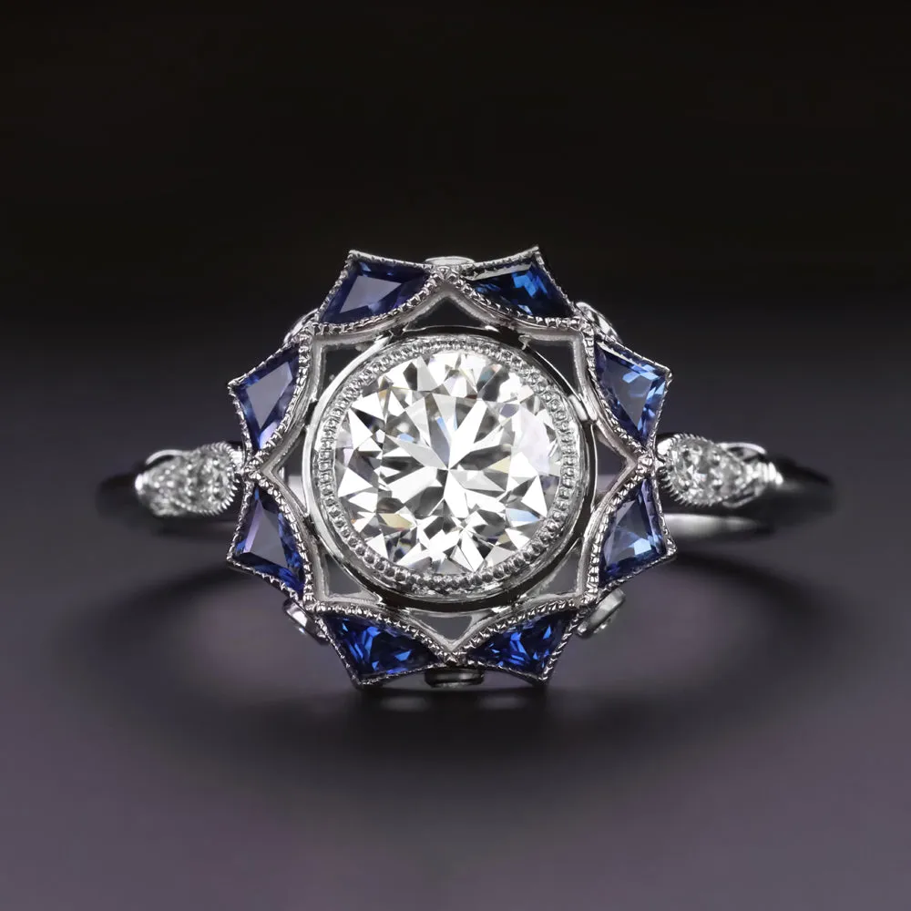 DIAMOND SAPPHIRE COCKTAIL RING GIA CERTIFIED 1 CARAT VINTAGE STYLE HALO ROUND