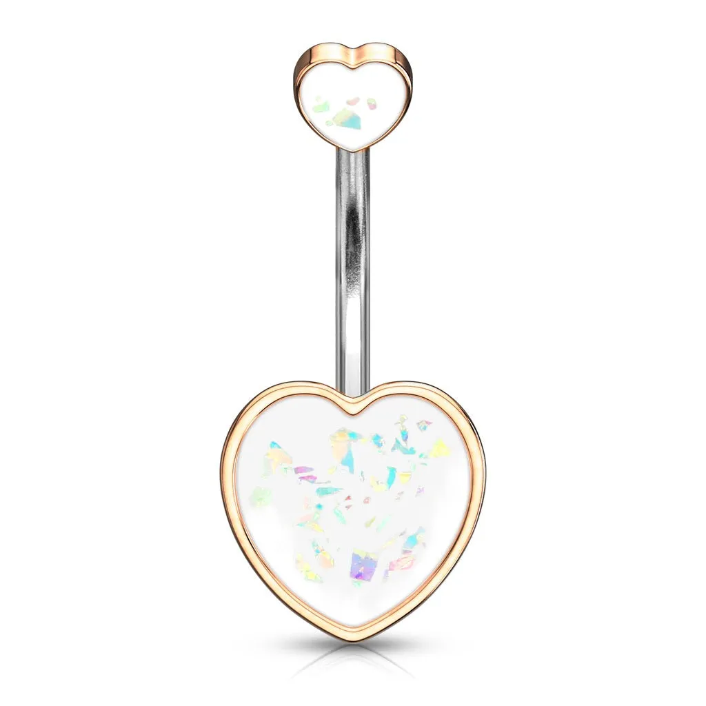 Double Hearts Opal Glitter Belly Ring Rose Gold