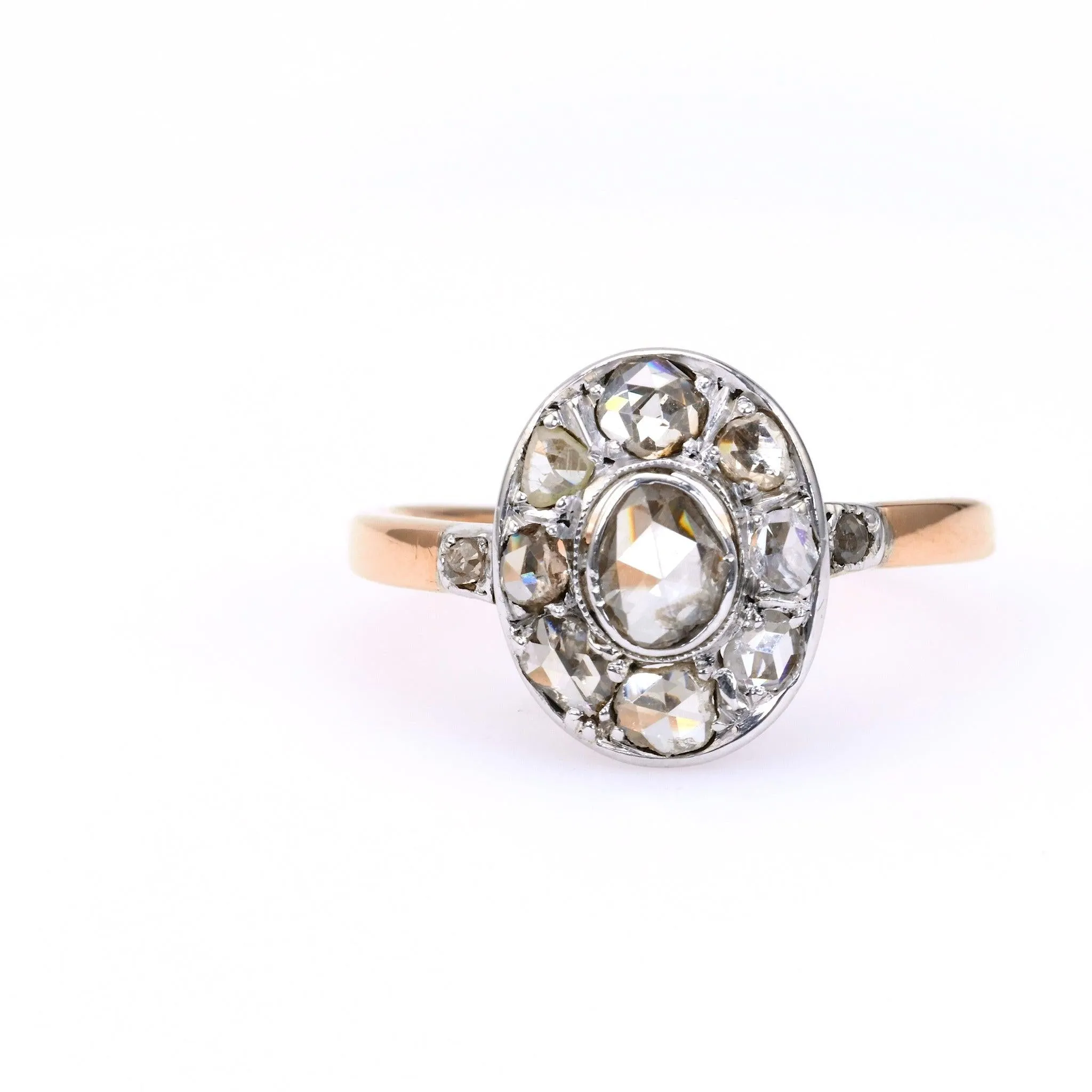 Edwardian Diamond 14k Rose Gold Silver Cluster Ring