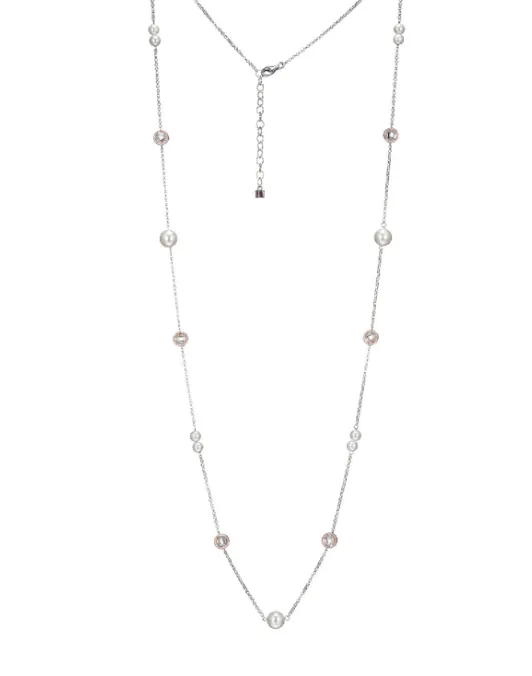 ELLE Silver Pearl & CZ Station Long Necklace (SI3482)