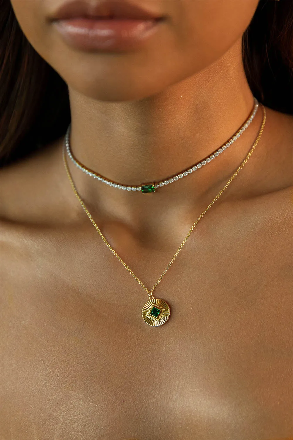 Emerald Tennis Necklace Green 14K Gold Plated