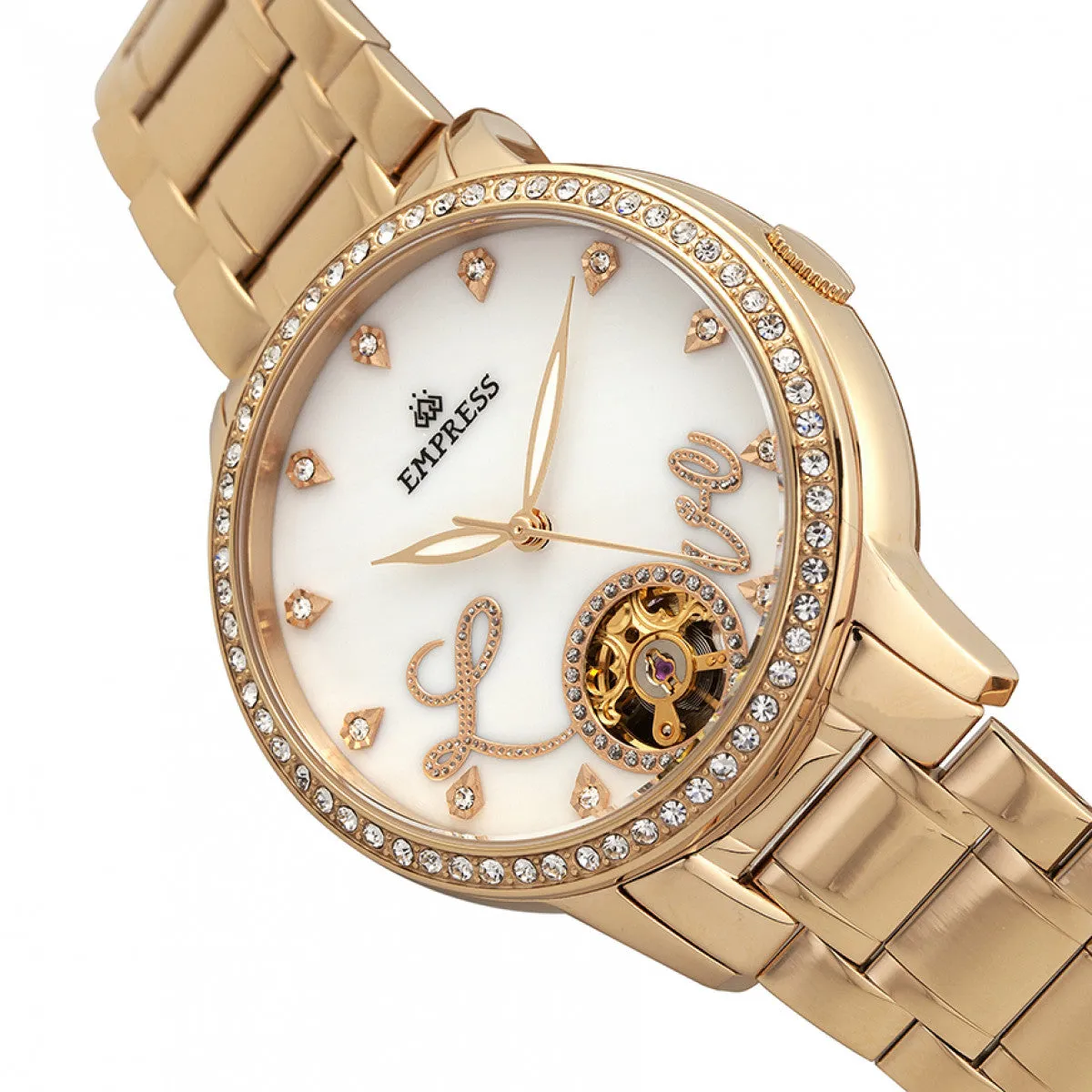 Empress Quinn Automatic MOP Semi-Skeleton Dial Bracelet Watch - Gold