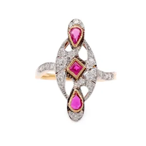 French Ruby Diamond Two Tone Navette Ring