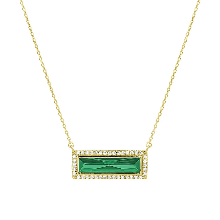 Gold Finish Sterling Silver Necklace with Rectangular Simulated Emerald Stone and Simulated Diamonds on 16" - 18" Chain