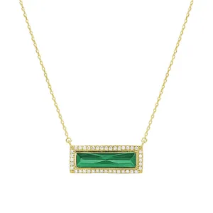 Gold Finish Sterling Silver Necklace with Rectangular Simulated Emerald Stone and Simulated Diamonds on 16" - 18" Chain