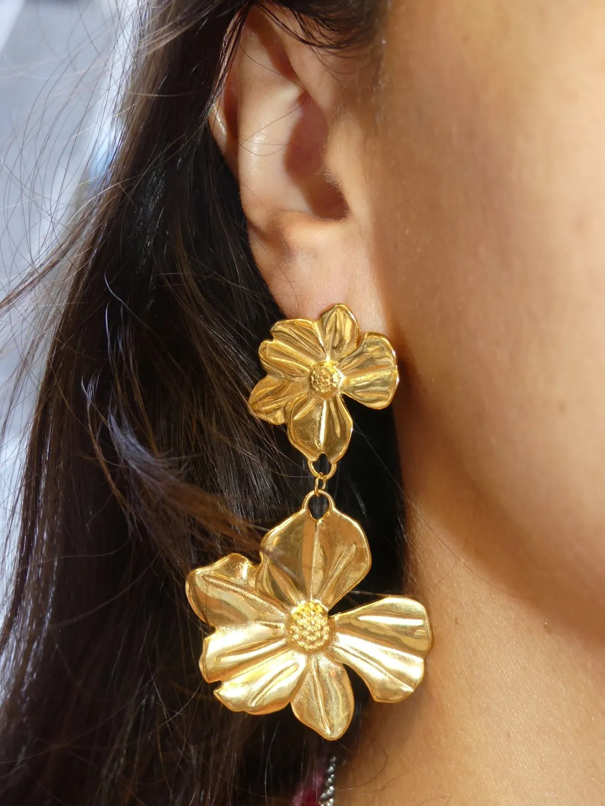 Golden Double Flower Statement Earrings 18K Gold Plated KESLEY