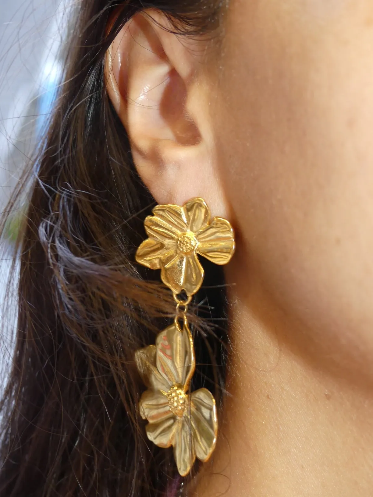 Golden Double Flower Statement Earrings 18K Gold Plated KESLEY