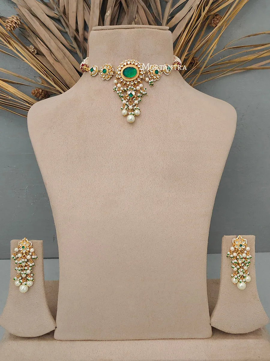 Green Color Gold Plated Jadau Kundan Necklace Set - MS1695YGR