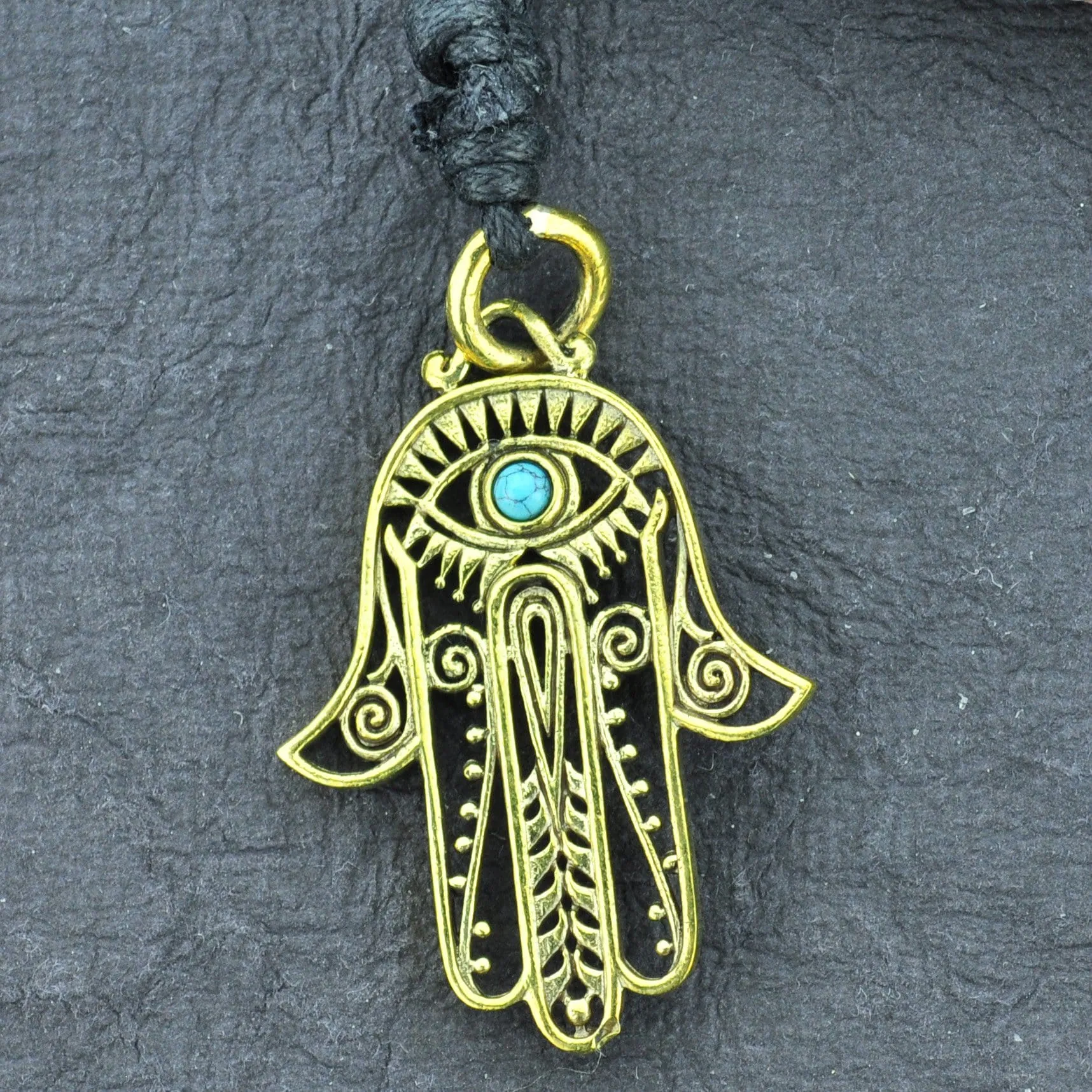 Hamsa Brass Necklace with Turquoise/Onyx Eye