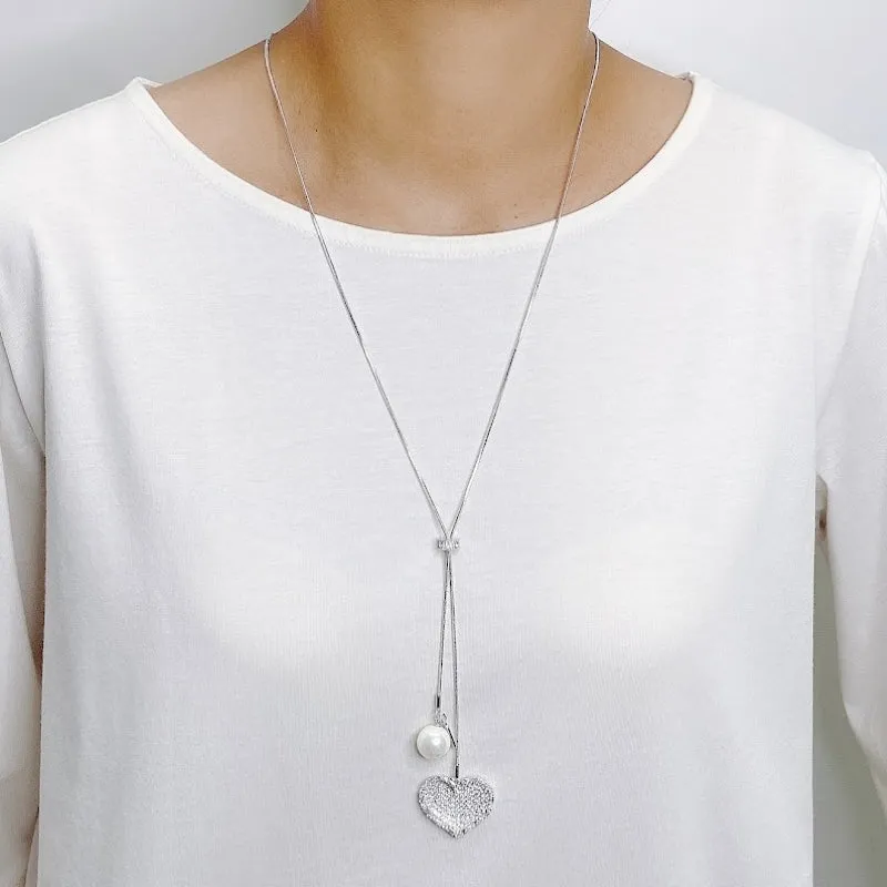 Heart Simulated Pearl Long Necklace