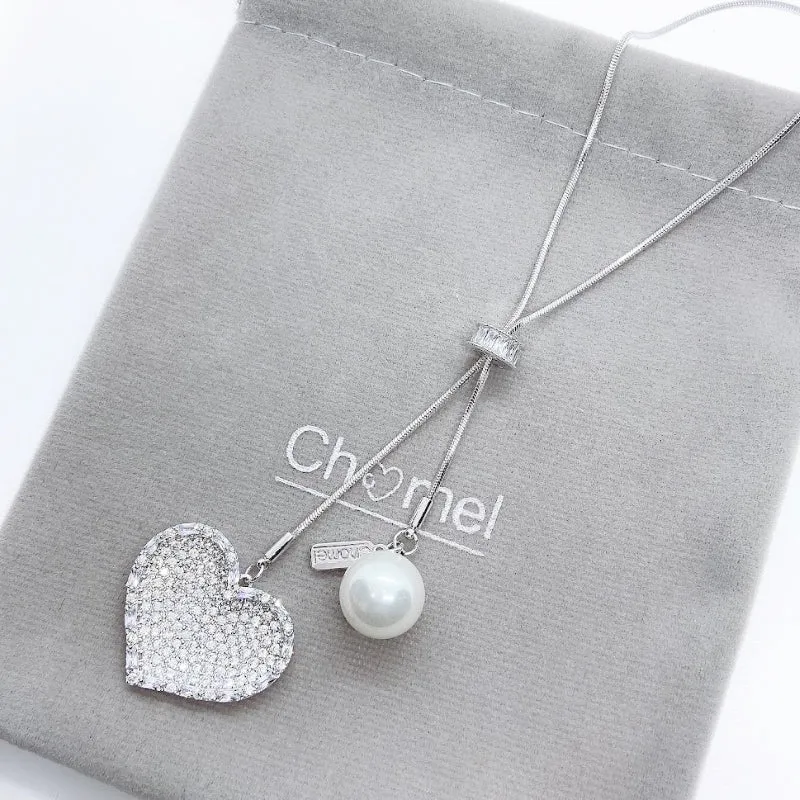 Heart Simulated Pearl Long Necklace