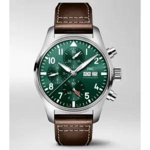 IWC Pilot's Watch Chronograph 41 Green Dial Stainless Steel Brown Strap Day- Date Automatic