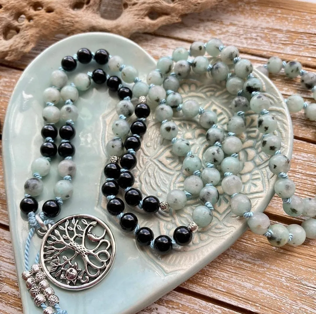 Kiwi Jasper and Onyx Hand Knotted Mala Necklace