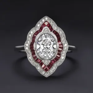 LAB CREATED DIAMOND RUBY COCKTAIL RING VINTAGE STYLE DOUBLE HALO OVAL ART DECO