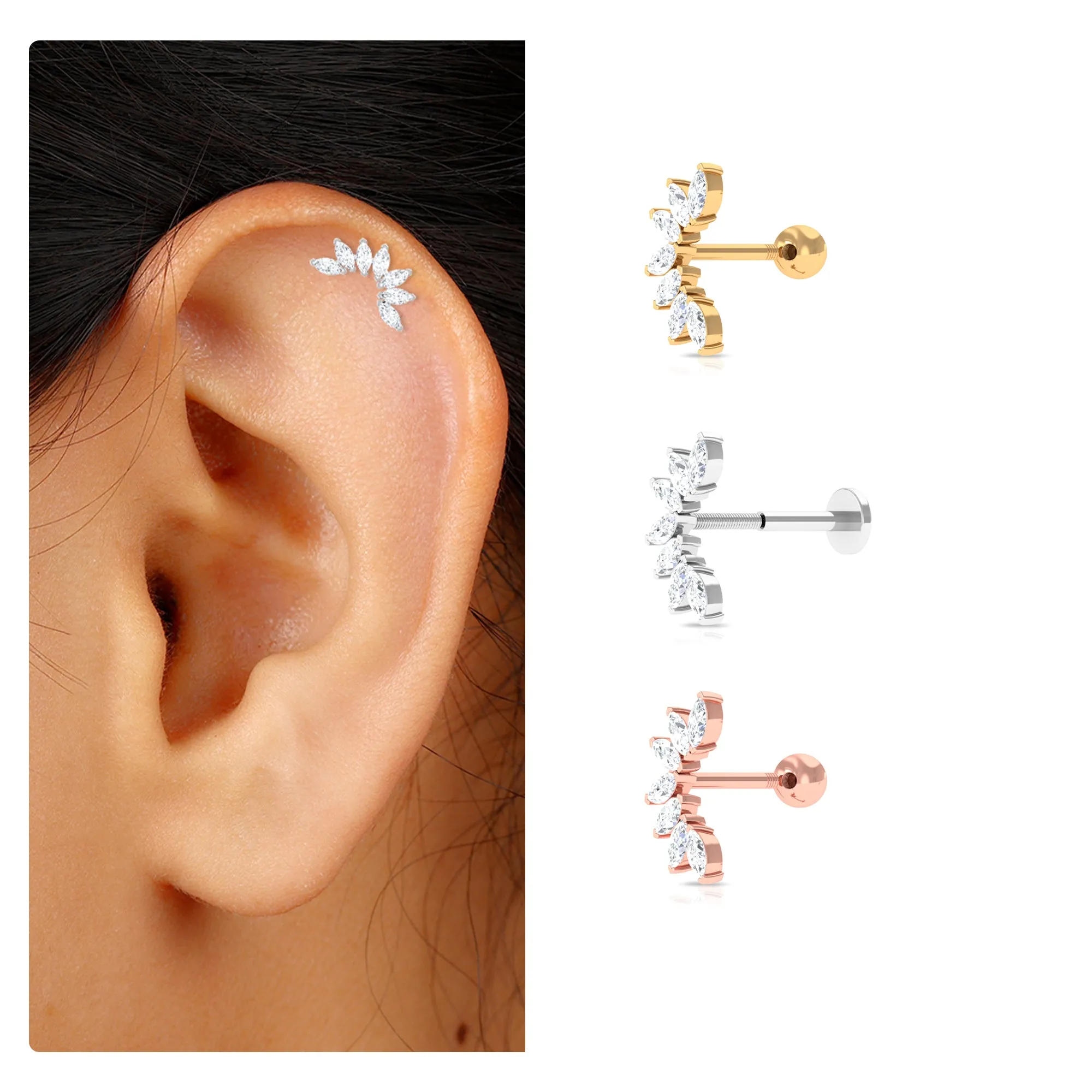 Marquise Moissanite Flower Crawler Earring for Helix Piercing