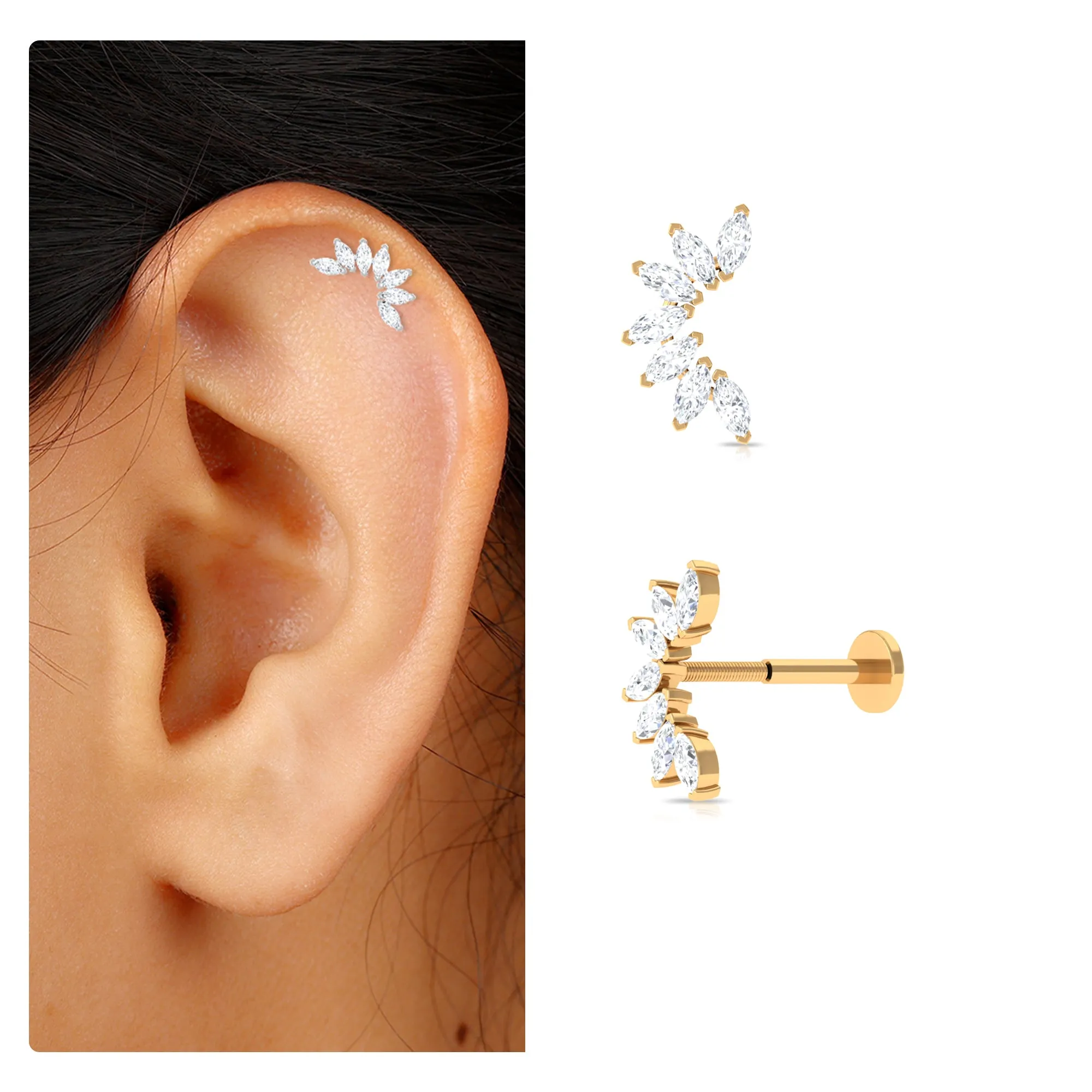 Marquise Moissanite Flower Crawler Earring for Helix Piercing