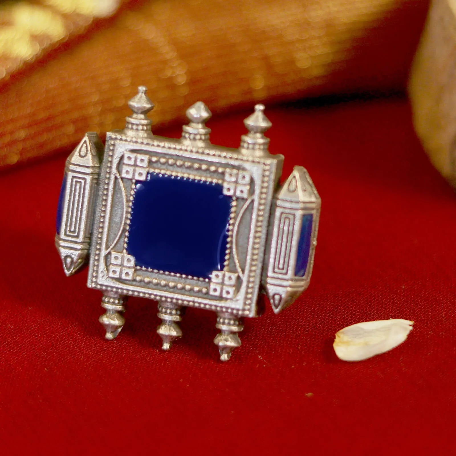 Meena Blue Enamel Silver Oxidized Ring