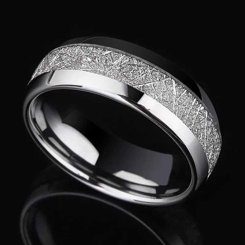 Men 8MM Meteorite Stone Pattern Inlaid Silver Color Stainless Steel Ring Engagement Wedding Band Cocktail Party High Jewelry