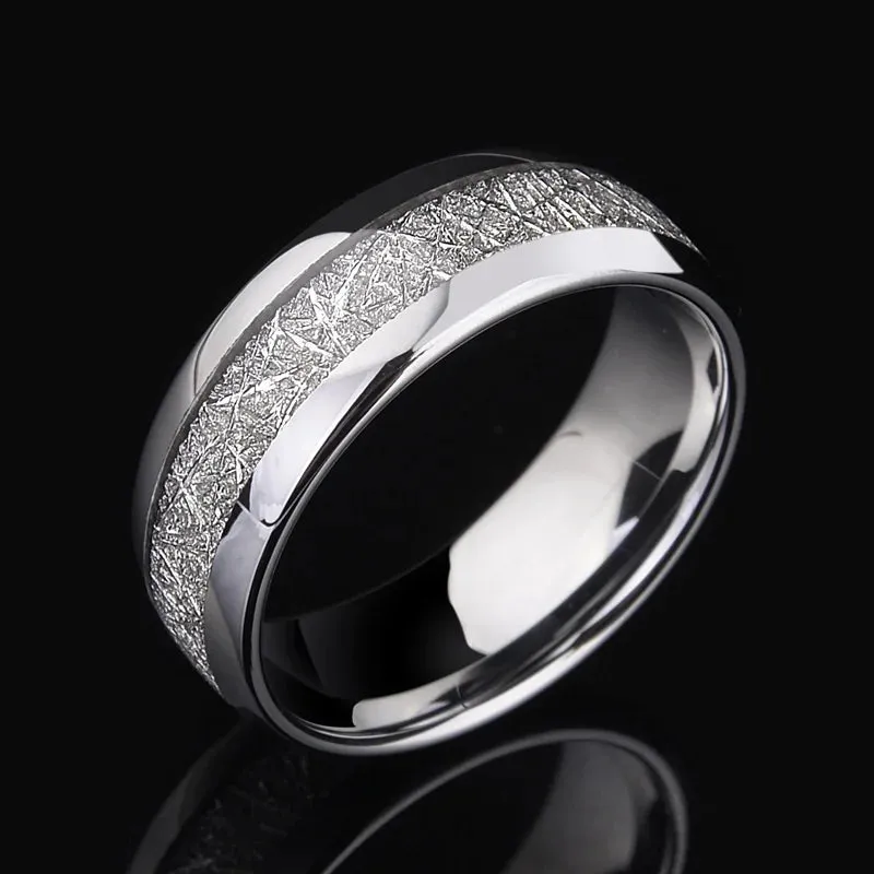 Men 8MM Meteorite Stone Pattern Inlaid Silver Color Stainless Steel Ring Engagement Wedding Band Cocktail Party High Jewelry