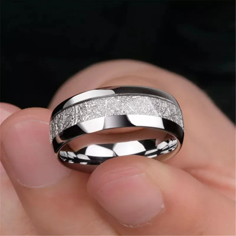 Men 8MM Meteorite Stone Pattern Inlaid Silver Color Stainless Steel Ring Engagement Wedding Band Cocktail Party High Jewelry