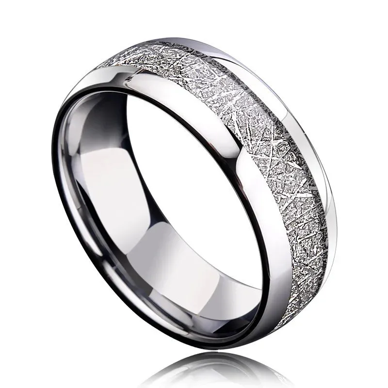 Men 8MM Meteorite Stone Pattern Inlaid Silver Color Stainless Steel Ring Engagement Wedding Band Cocktail Party High Jewelry