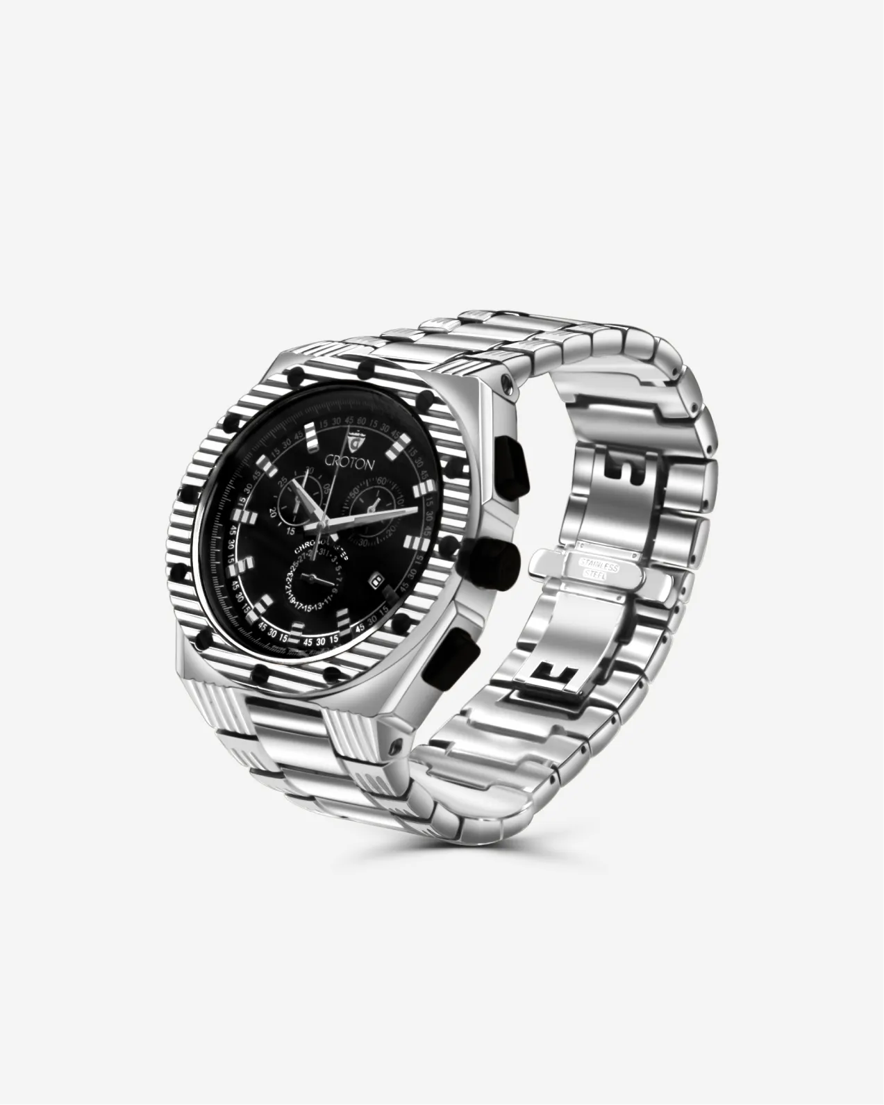 Men's Silvertone All Stainless Steel Swiss Quartz Chronograph with Black Dial