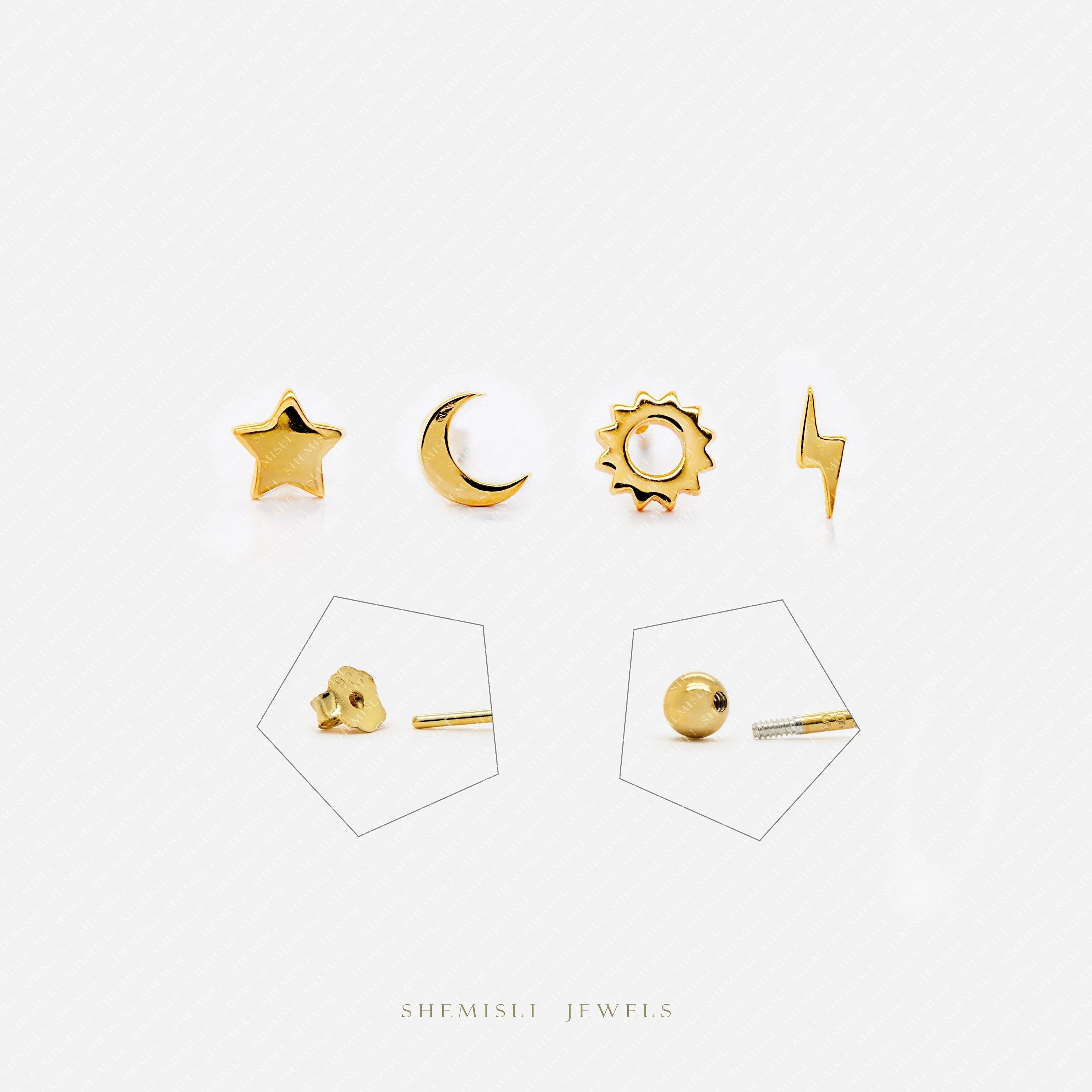 Mini Star Moon Sun Lightning Studs, Unisex, Gold, Silver SS848 SS134 SS133 SS860 Butterfly End, SS849 SS859 SS858 SS861 Ball End (Type A)