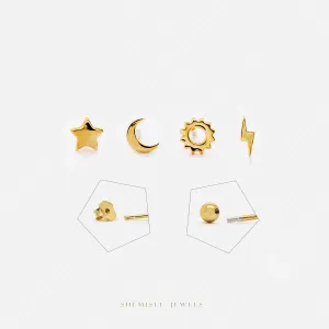 Mini Star Moon Sun Lightning Studs, Unisex, Gold, Silver SS848 SS134 SS133 SS860 Butterfly End, SS849 SS859 SS858 SS861 Ball End (Type A)