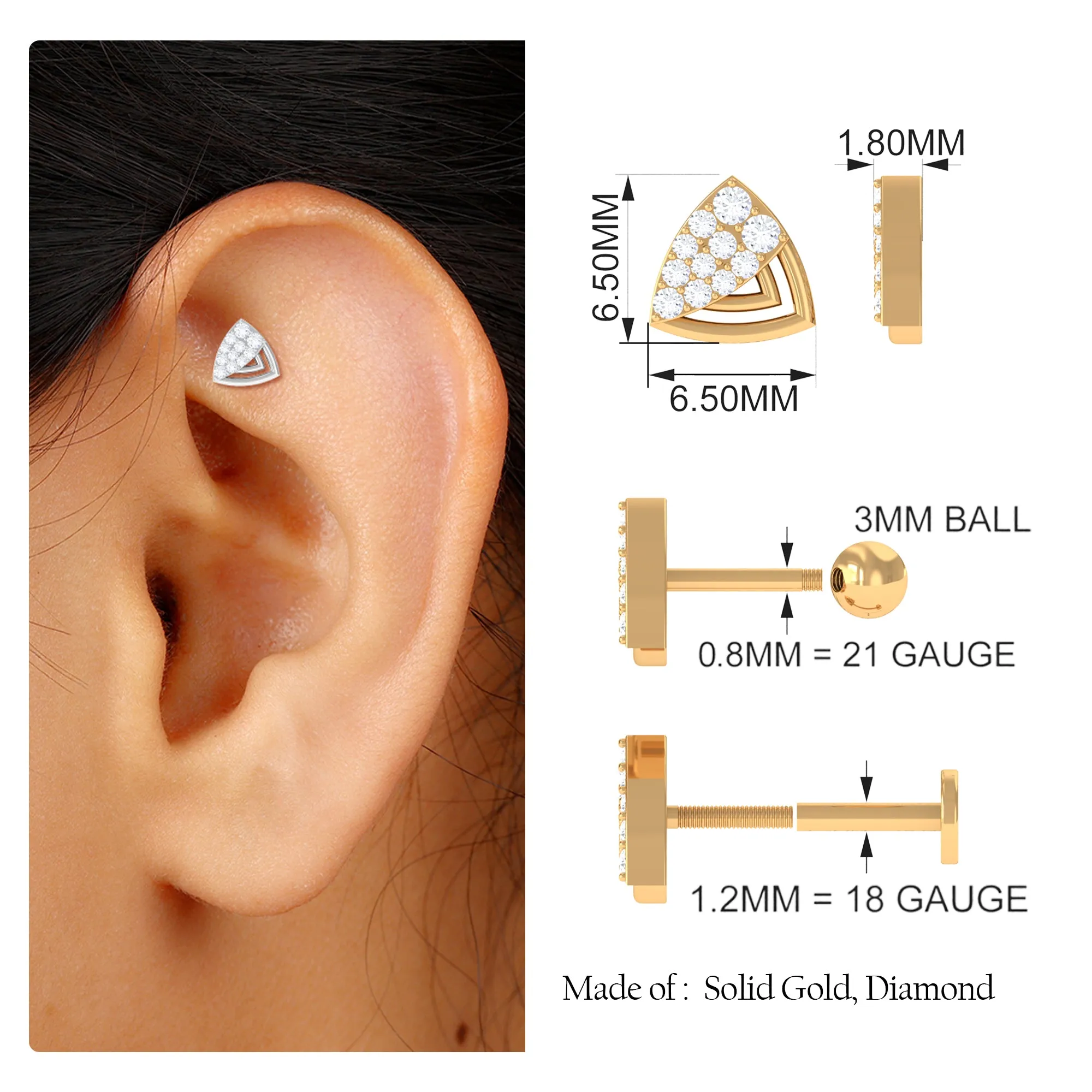 Minimal Moissanite Triangle Geometric Helix Earring