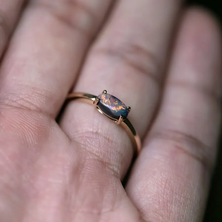 Minimalist Australian Black Opal Engagement Wedding Band 18K Yellow Gold