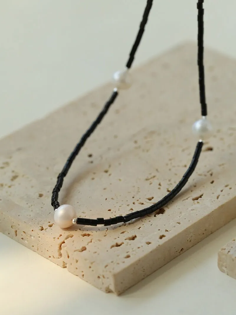 Minimalist Modern Pearl and Black Agate Beaded Necklace