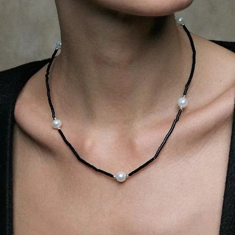 Minimalist Modern Pearl and Black Agate Beaded Necklace