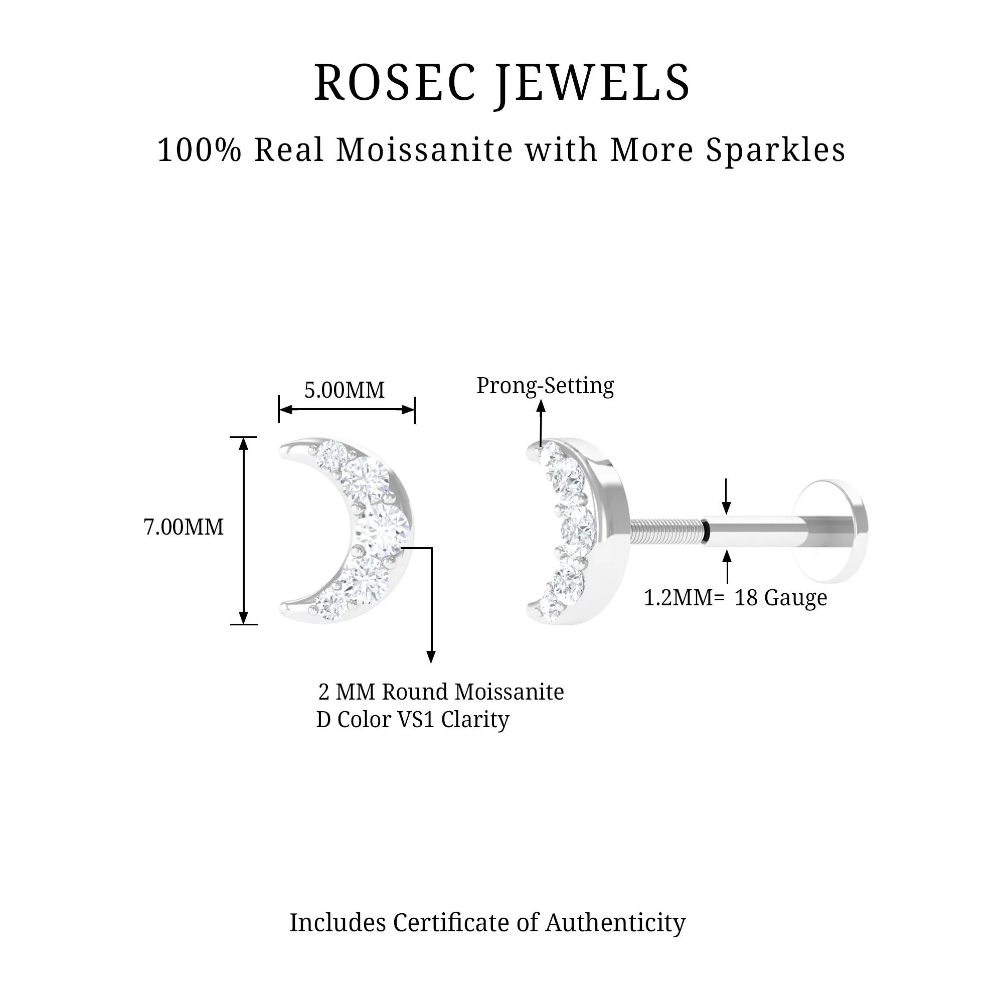 Moissanite Crescent Moon Helix Earring in Gold