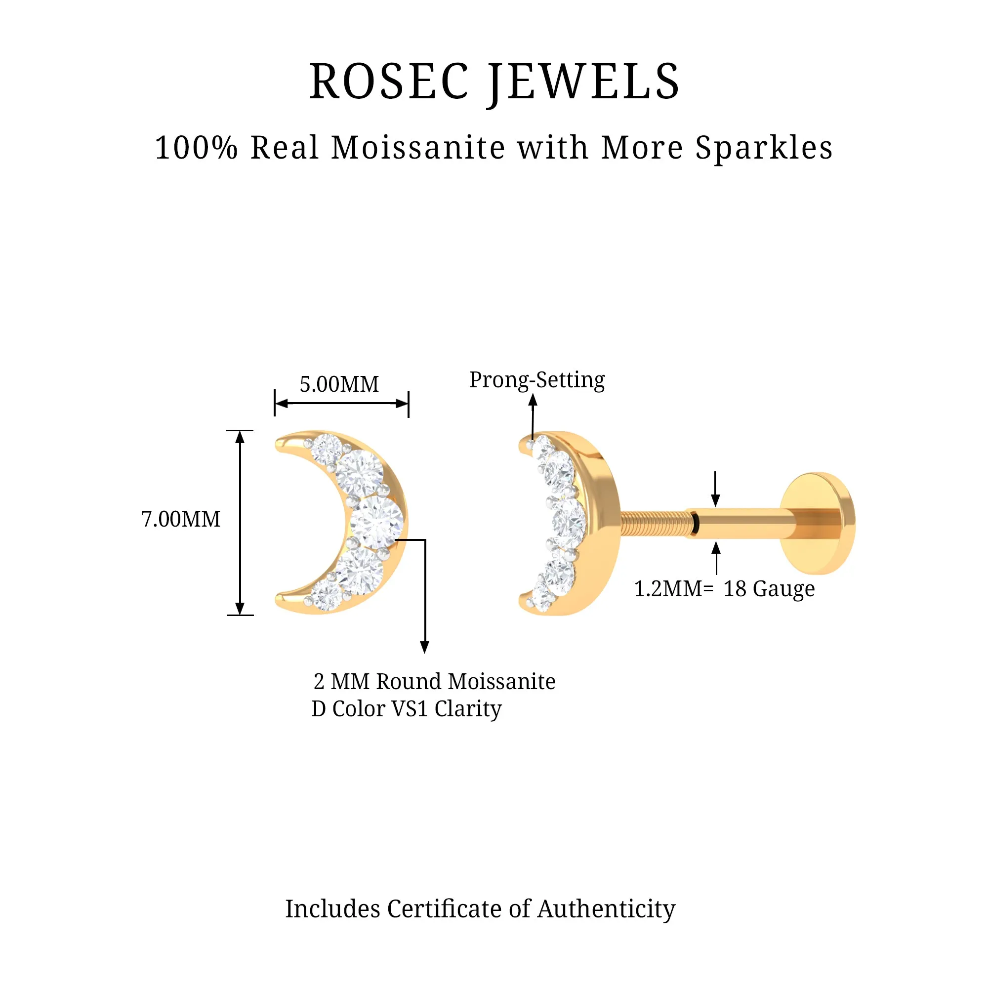 Moissanite Crescent Moon Helix Earring in Gold