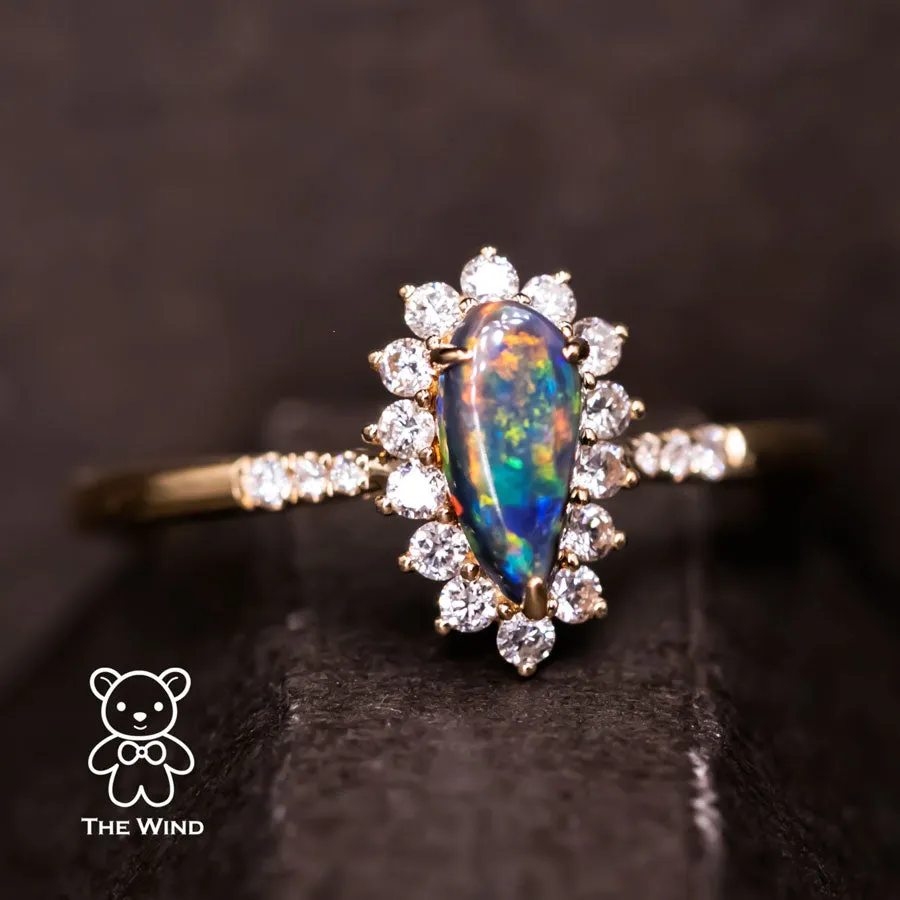 N1 Australian Black Opal & Halo Diamond Engagement Ring 18K Yellow Gold