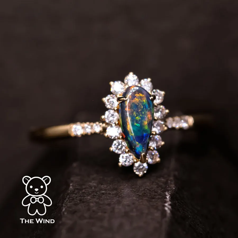 N1 Australian Black Opal & Halo Diamond Engagement Ring 18K Yellow Gold