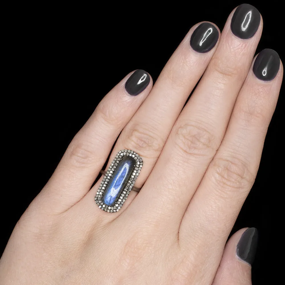 NATURAL LABRADORITE DIAMOND COCKTAIL RING LONG CABOCHON DOUBLE HALO BOHO STYLE