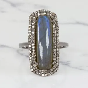 NATURAL LABRADORITE DIAMOND COCKTAIL RING LONG CABOCHON DOUBLE HALO BOHO STYLE