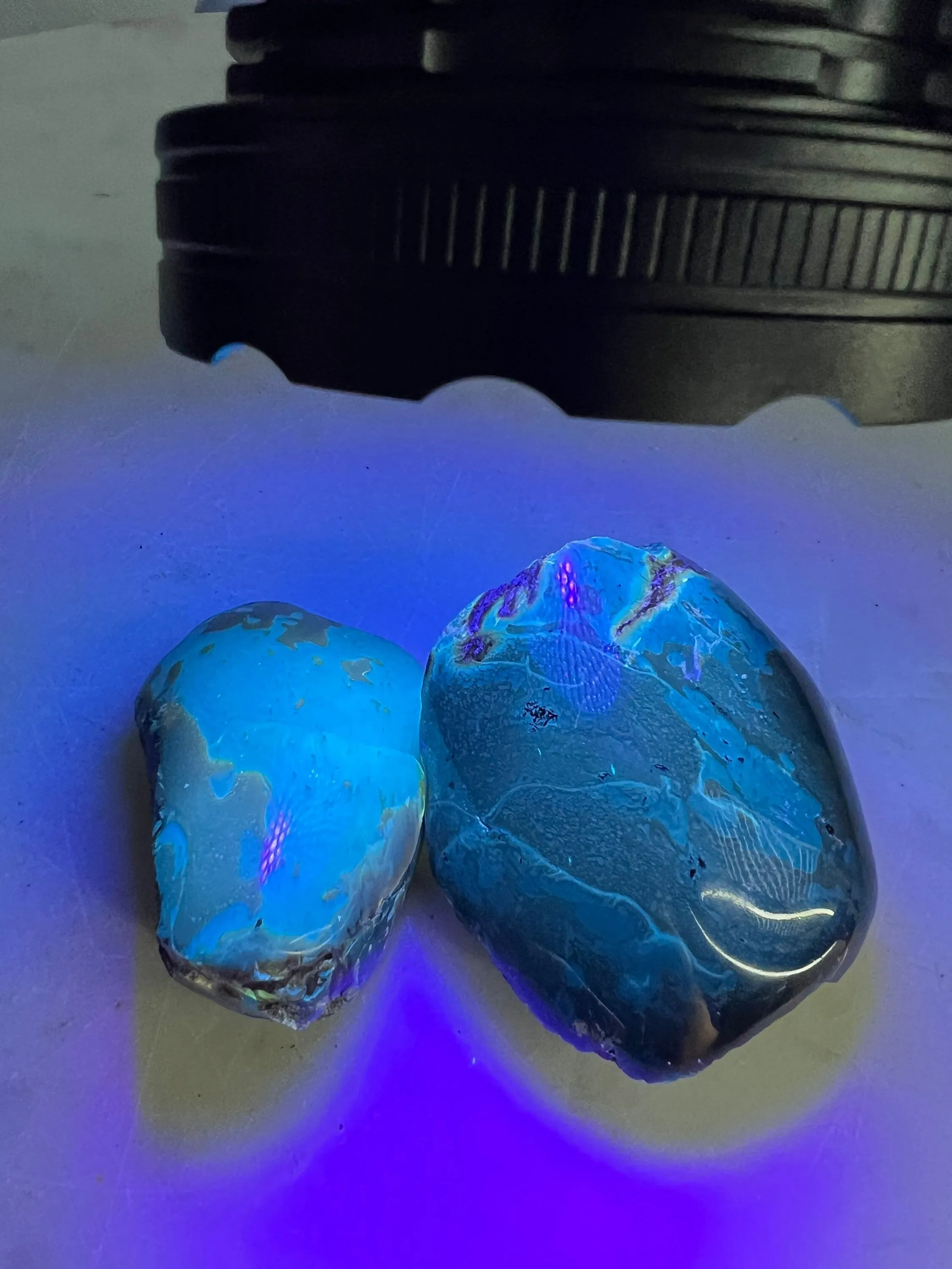 Natural Sumatran Blue Amber, freeform UV REACTIVE BLUE Half polished. 2 pieces total weight 160grams