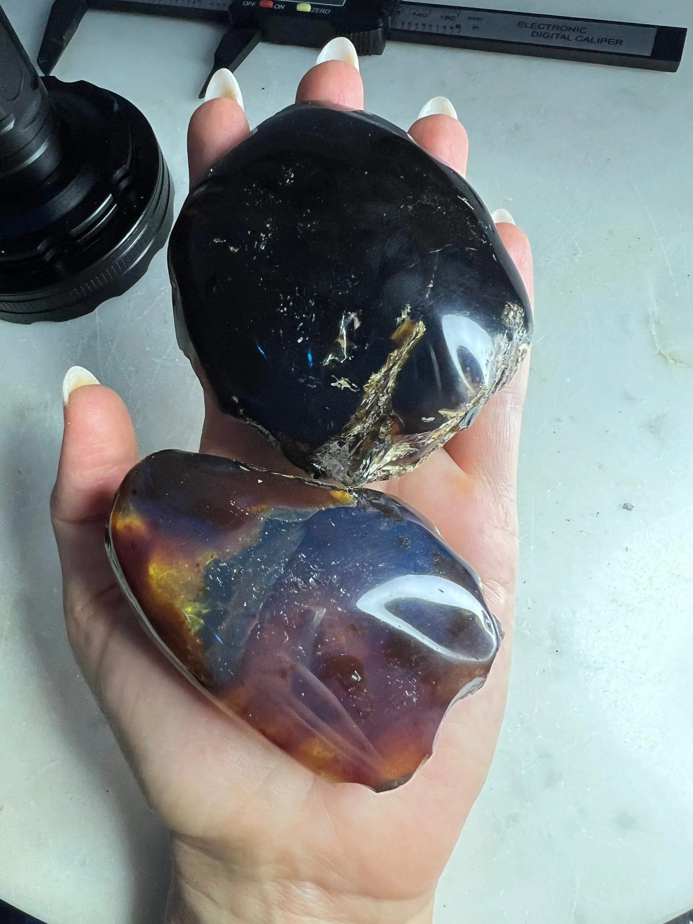 Natural Sumatran Blue Amber, freeform UV REACTIVE BLUE Half polished. 2 pieces total weight 160grams