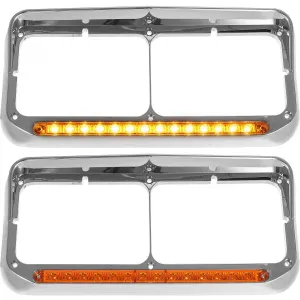 Partsam 2x Headlight Bezel with 12inch Amber LED Light Strip Chrome LH & RH Replacement for 4x6 Light Kenworth T400 T600 T800 W900B W900L Peterbilt 378 379 Western Star 4900 Freightliner FLD Classic XL