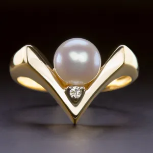 PEARL DIAMOND COCKTAIL V RING 14k YELLOW GOLD STATEMENT GEOMETRIC BIG NATURAL