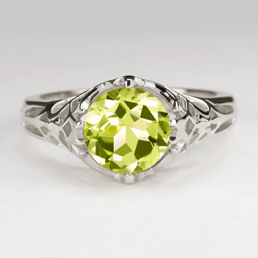 PERIDOT STERLING SILVER RING VINTAGE STYLE SOLITAIRE ART DECO FILIGREE GREEN