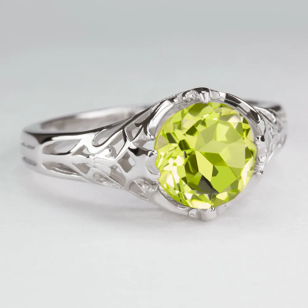 PERIDOT STERLING SILVER RING VINTAGE STYLE SOLITAIRE ART DECO FILIGREE GREEN