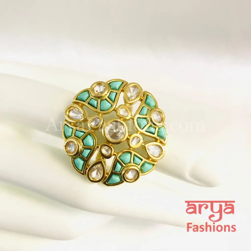 Rani Emerald Kundan Adjustable Ring