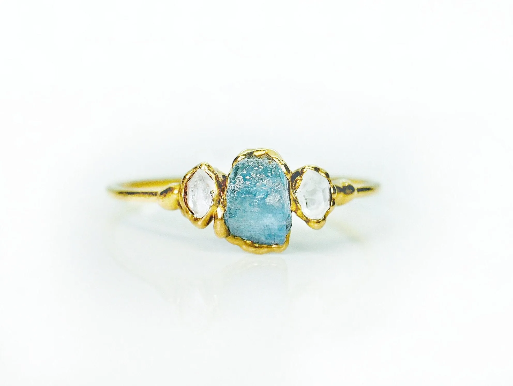 Raw Aquamarine & Herkimer diamond ring