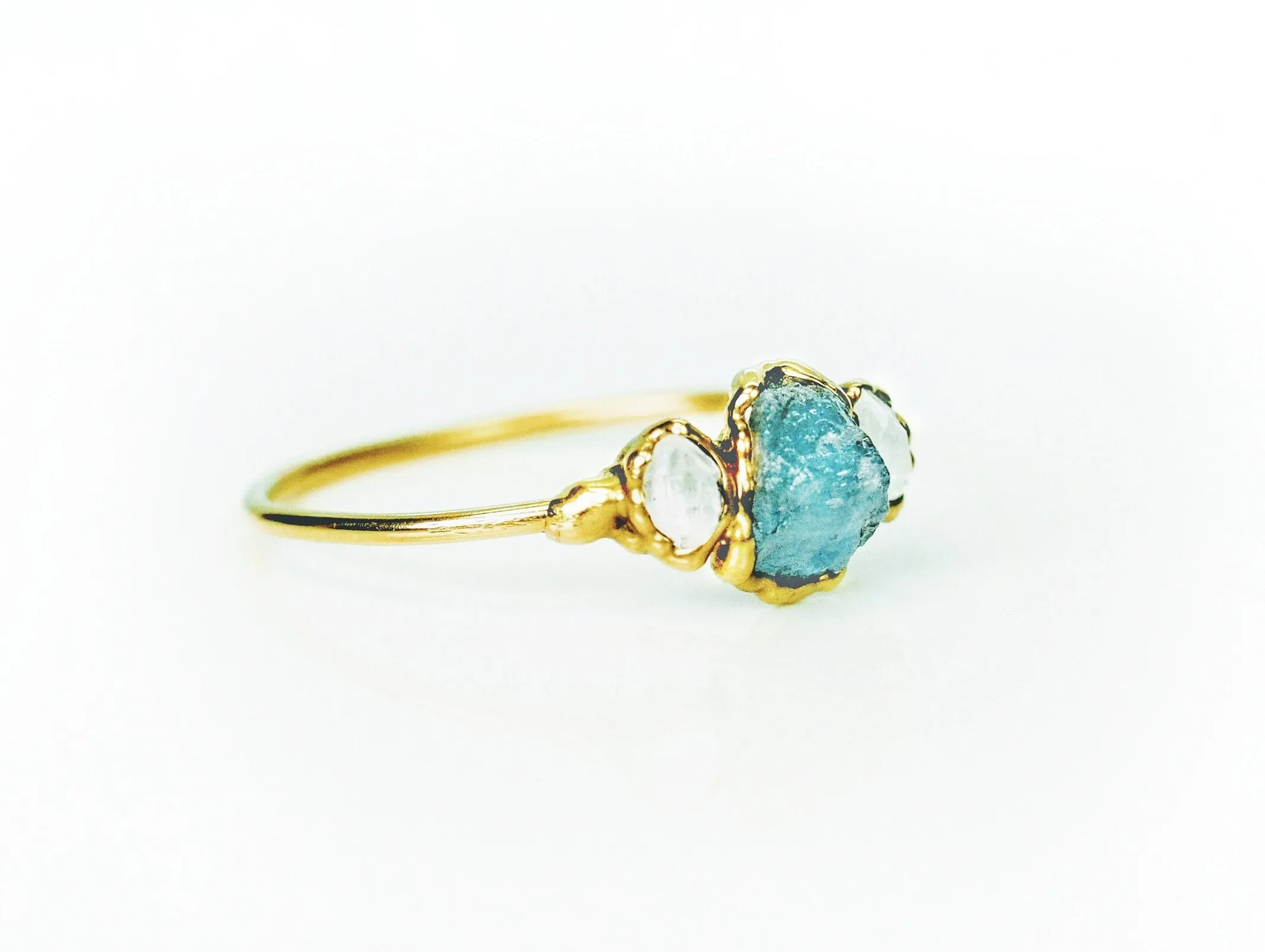 Raw Aquamarine & Herkimer diamond ring